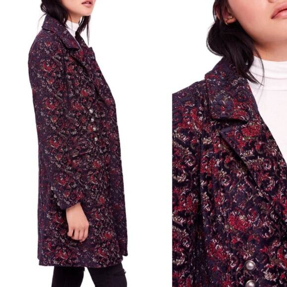 *RARE* FREE PEOPLE NWT Long Red & Purple Floral Jacket Coat Trench — Medium - Picture 4 of 14